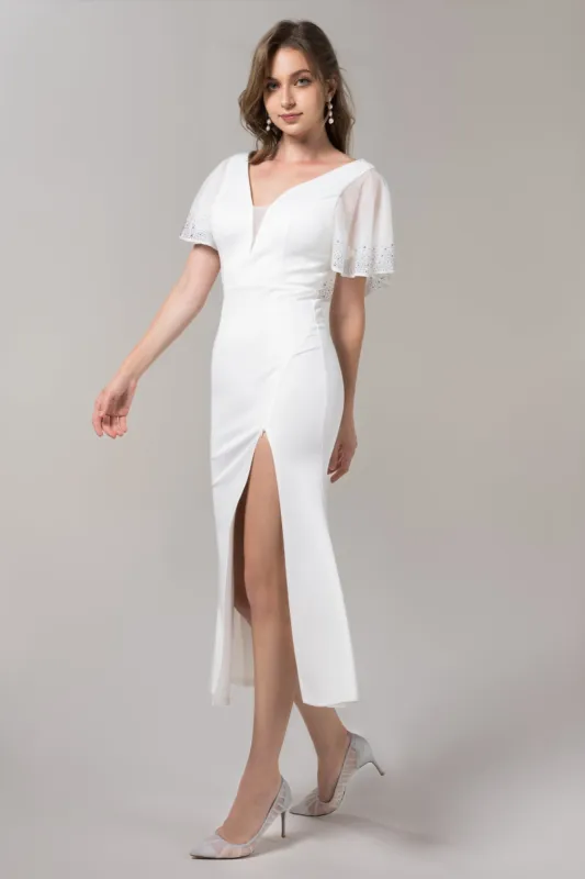 Mermaid Tea Length Elastic Knitted Fabric Wedding Dress CW2633 made by Cocomelody