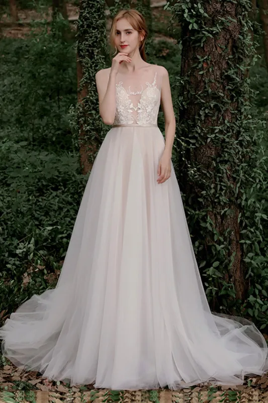 A-Line Sweep-Brush Train Lace Tulle Wedding Dress CW2754 sold by Cocomelody