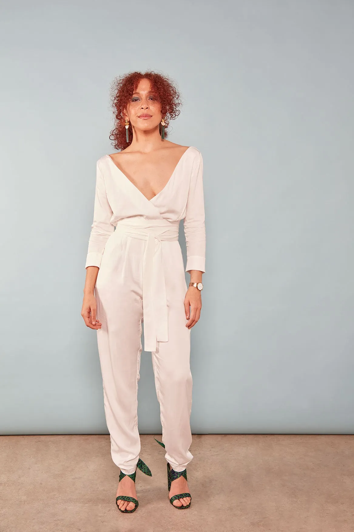 The Dan Wrap ezp® Jumpsuit Ivory Peace Silk sold by Leim product image thumbnail 3