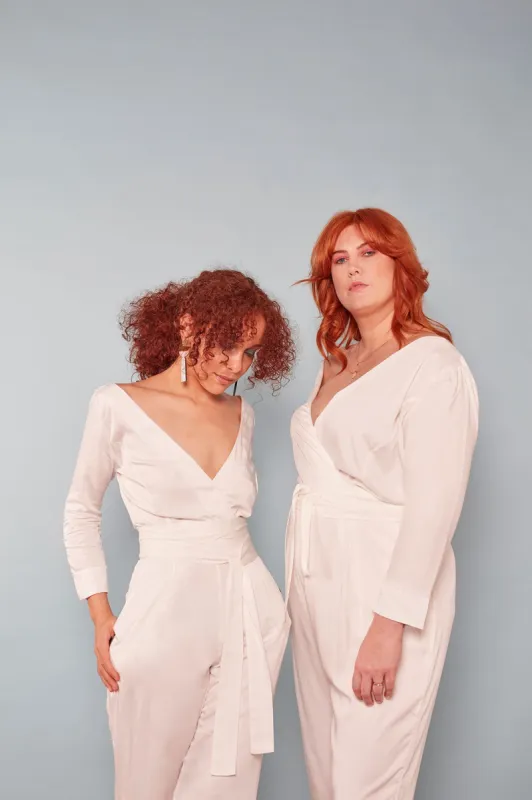 The Dan Wrap ezp® Jumpsuit Ivory Peace Silk sold by Leim
