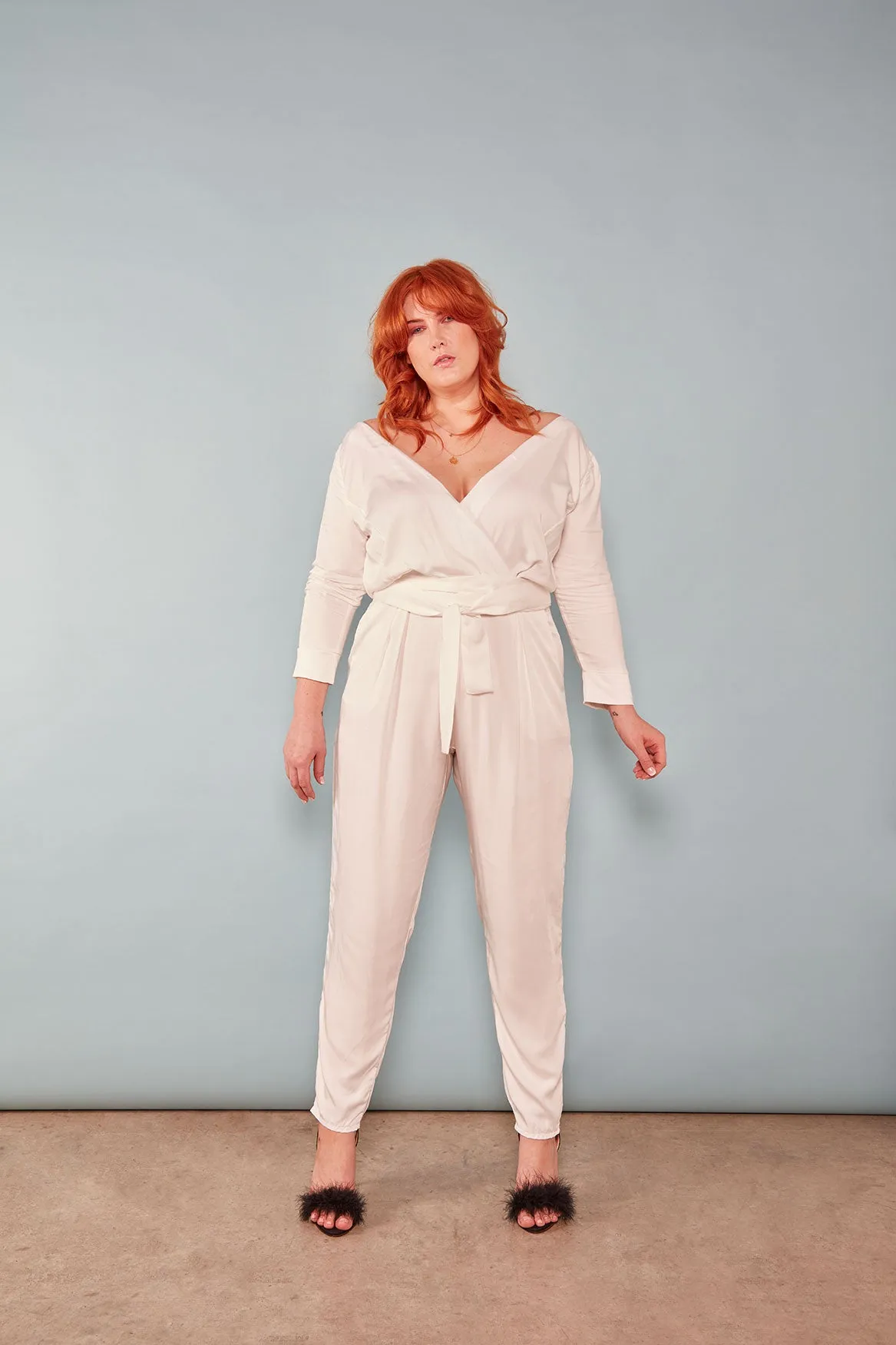 The Dan Wrap ezp® Jumpsuit Ivory Peace Silk sold by Leim product image thumbnail 2