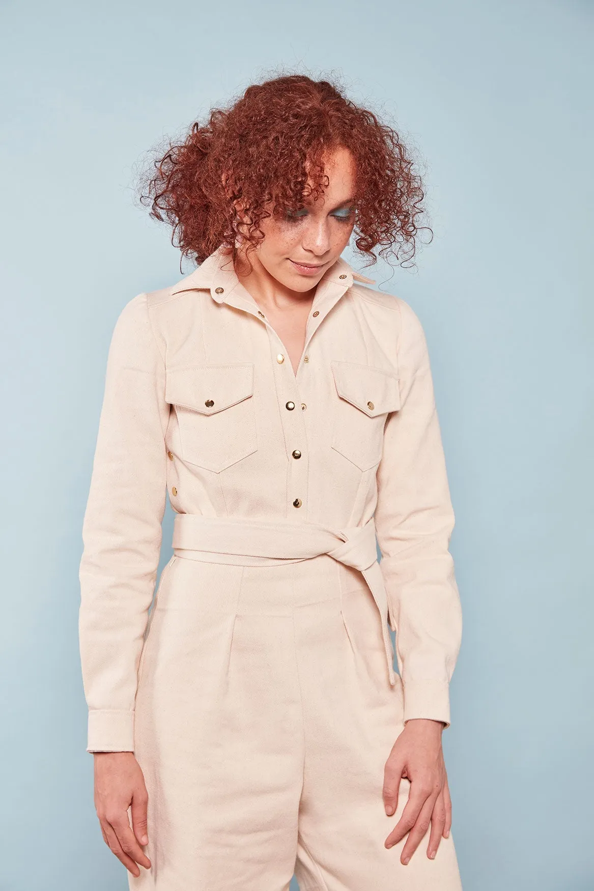 The Alex ezp® Boilersuit Ecru Organic Denim sold by Leim