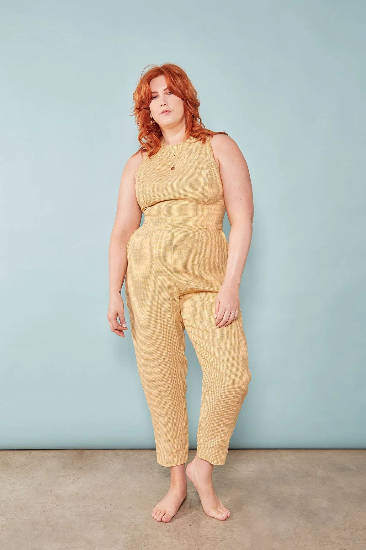 The Sisterhood ezp® Jumpsuit Mustard Gingham Linen sold by Leim product image thumbnail 3