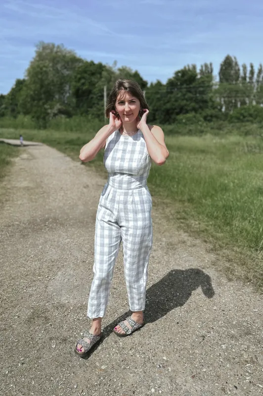 The Sisterhood ezp® Jumpsuit Grey Gingham Linen sold by Leim