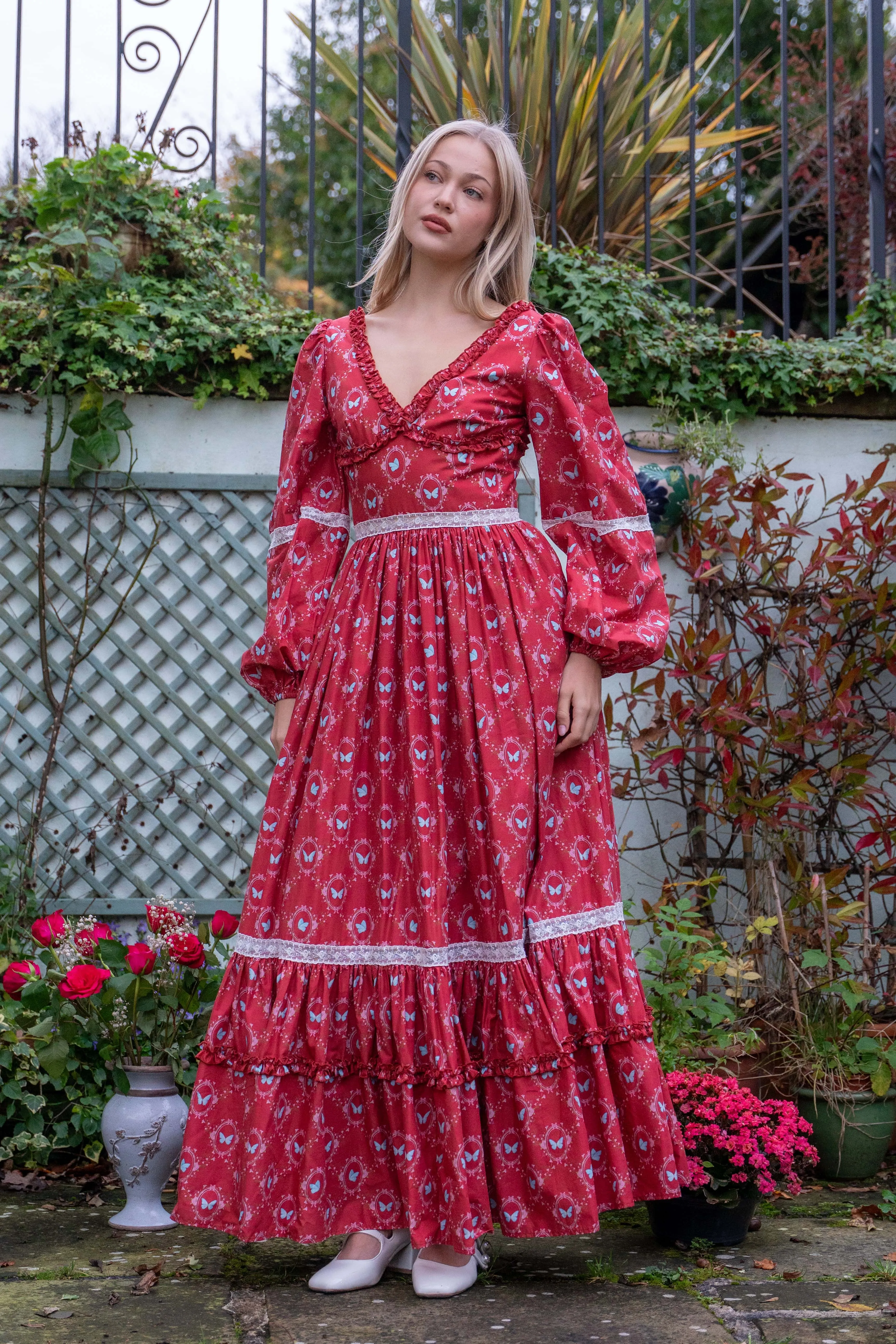 Flutter Lace Bloom Maxi Dress - Lipstick Red sold by fairy tong