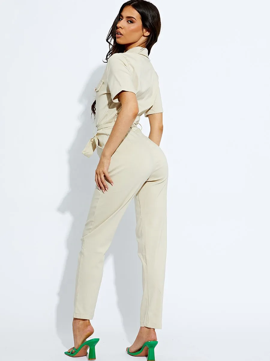 Yara Collared Zip Front Belted Jumpsuit In Stone sold by Vivichi product image thumbnail 4