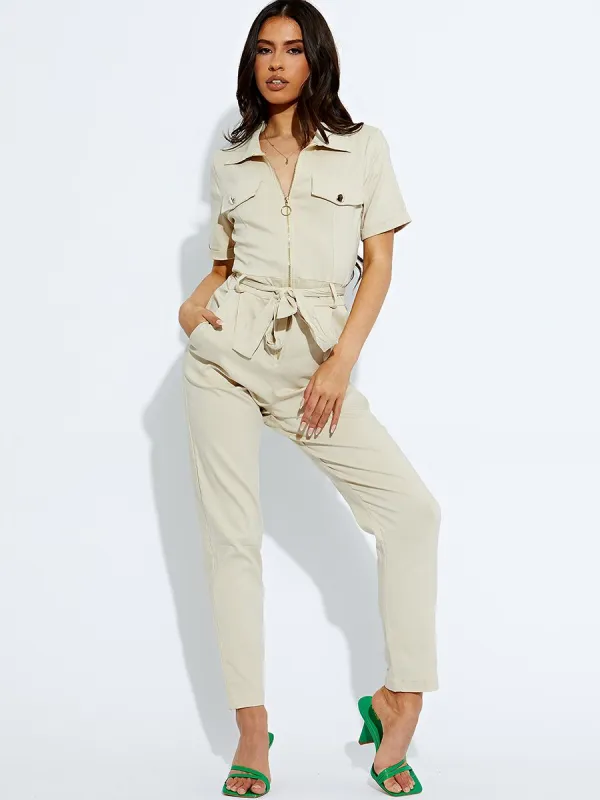 Yara Collared Zip Front Belted Jumpsuit In Stone sold by Vivichi