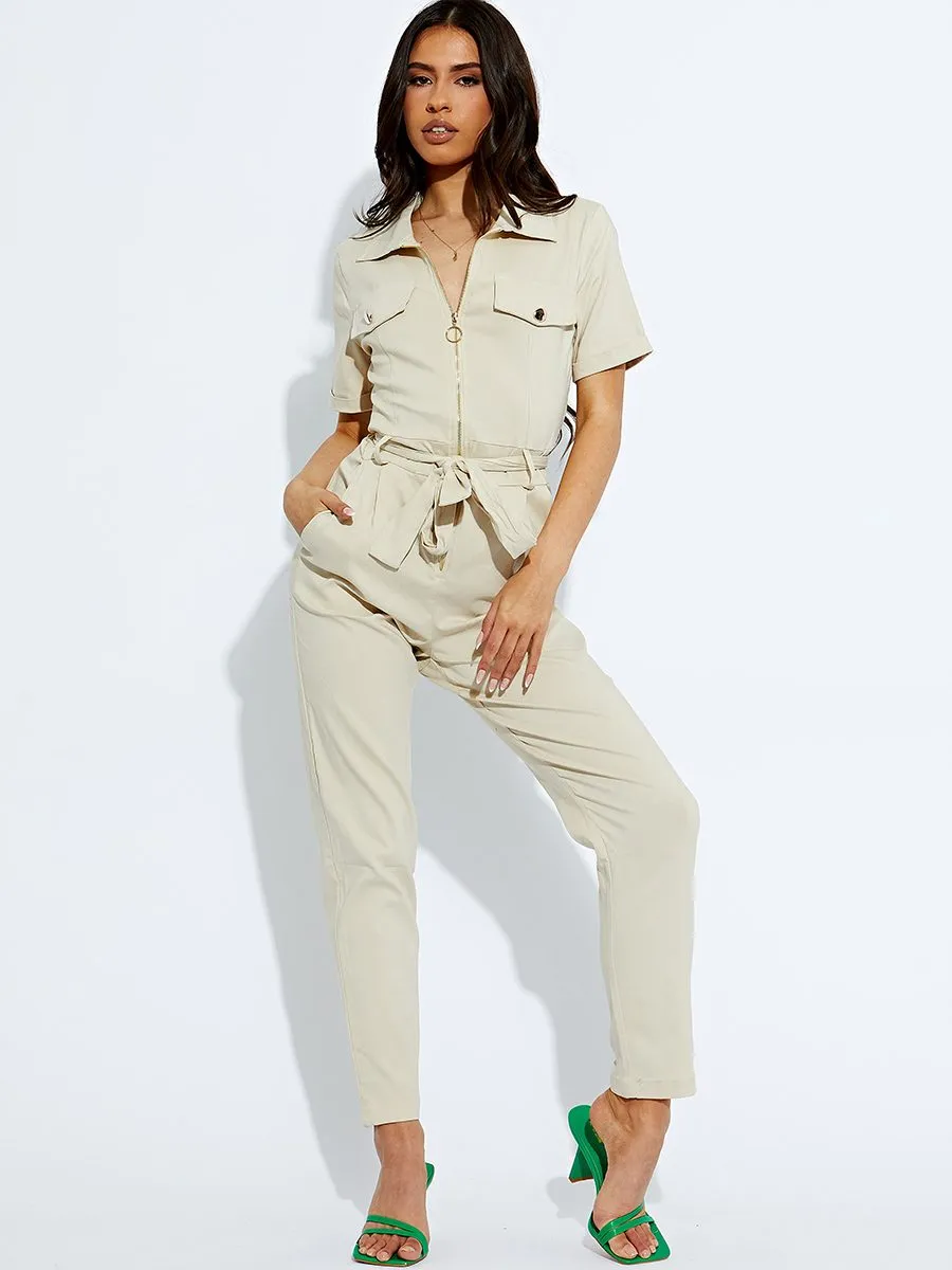 Yara Collared Zip Front Belted Jumpsuit In Stone sold by Vivichi