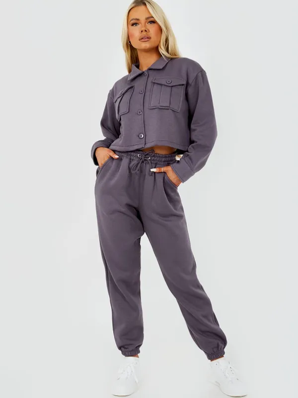 Marie Utility Button Top & Jogger Co-ord In Charcoal sold by Vivichi