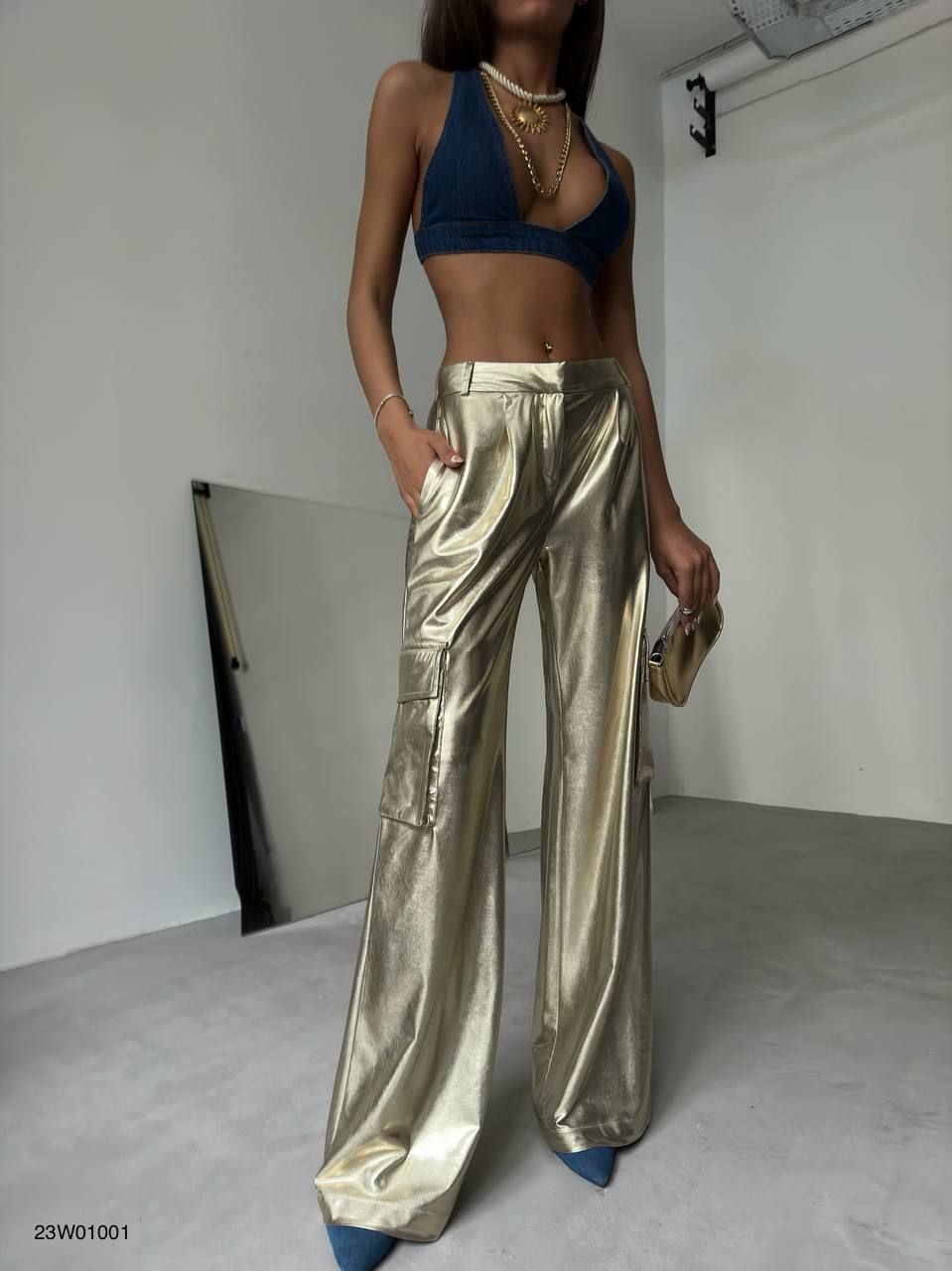 *PRE-ORDER* Aurora Cargo Pocket Metallic Trousers In Gold sold by Vivichi