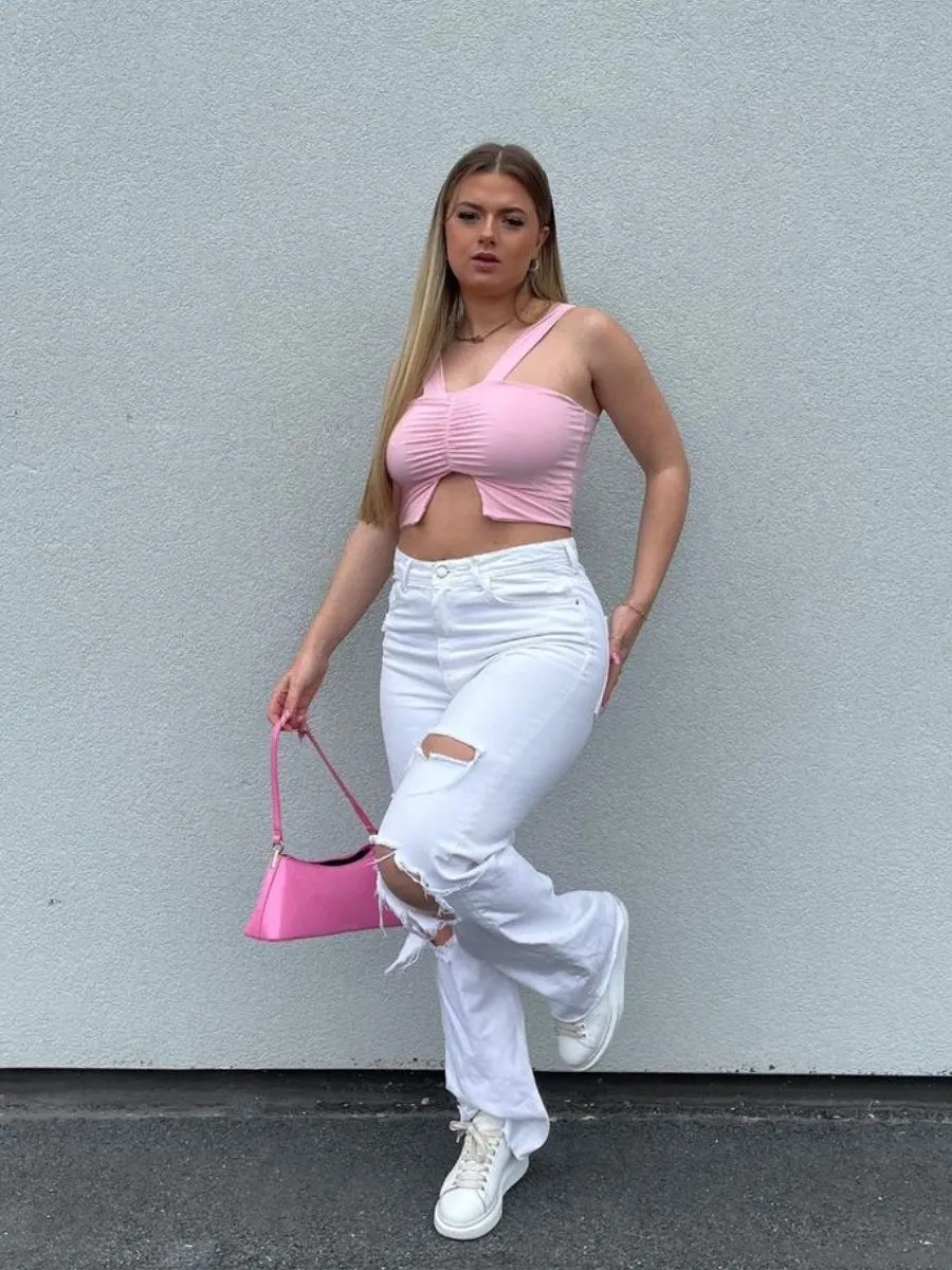 Livia V-Neck Strap Ruched Crop Top In Pink sold by Vivichi product image thumbnail 3