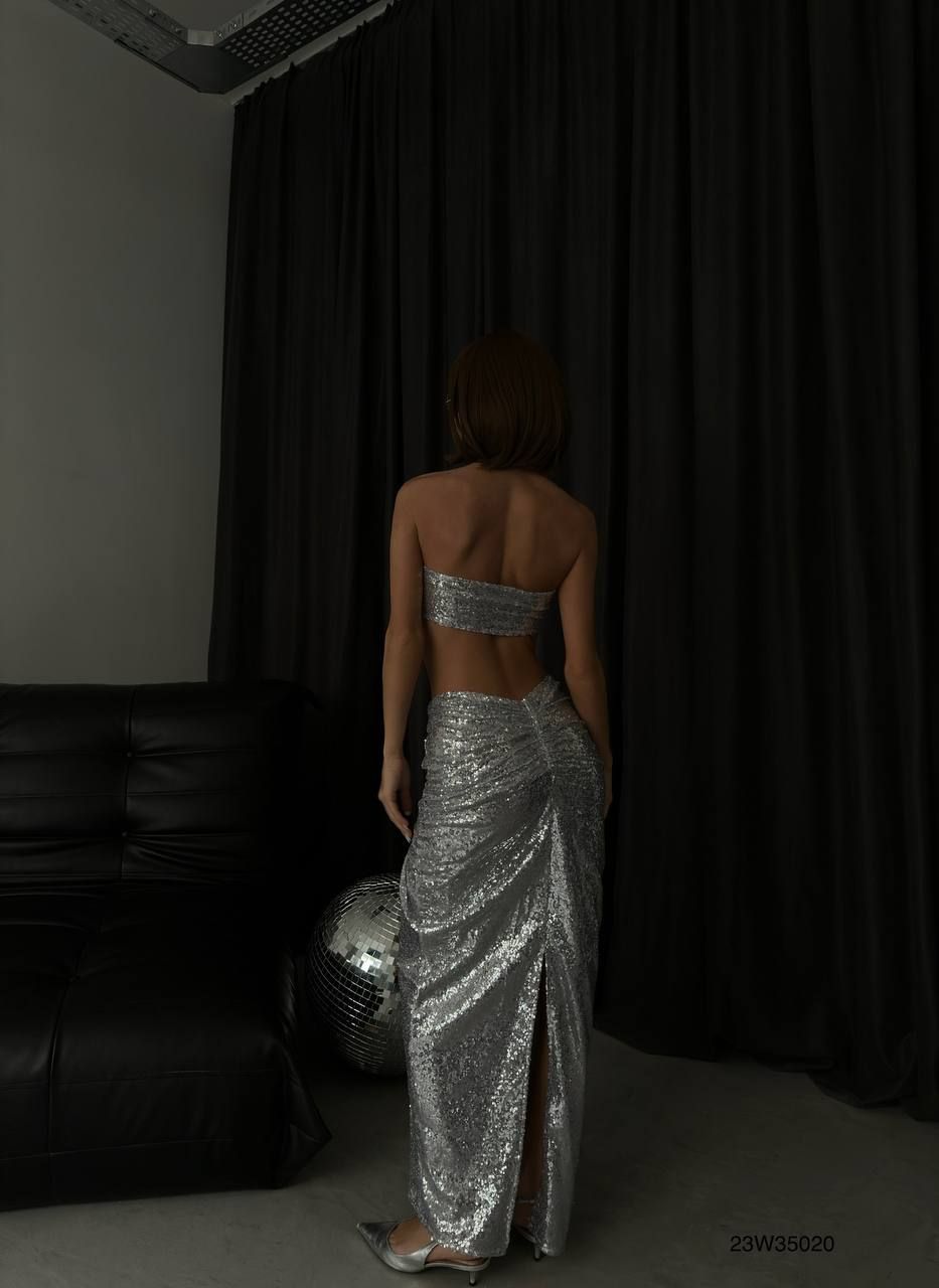 **PRE-ORDER** Harper Sequined Strapless Crop Skirt Set In Silver sold by Vivichi product image thumbnail 3