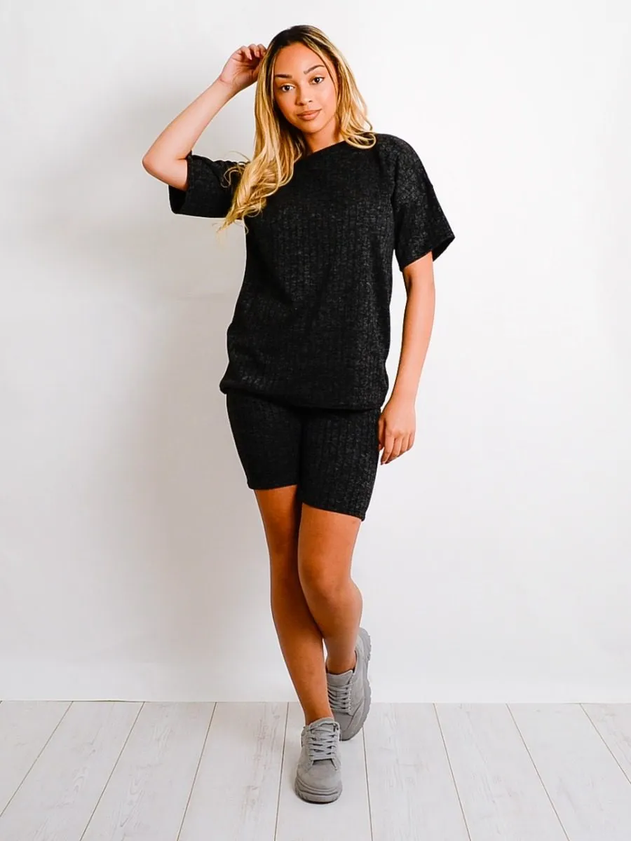 Melange Knit Oversized T-Shirt & Shorts Co-ord In Black sold by Vivichi product image thumbnail 4