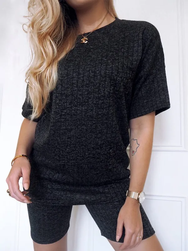 Melange Knit Oversized T-Shirt & Shorts Co-ord In Black sold by Vivichi