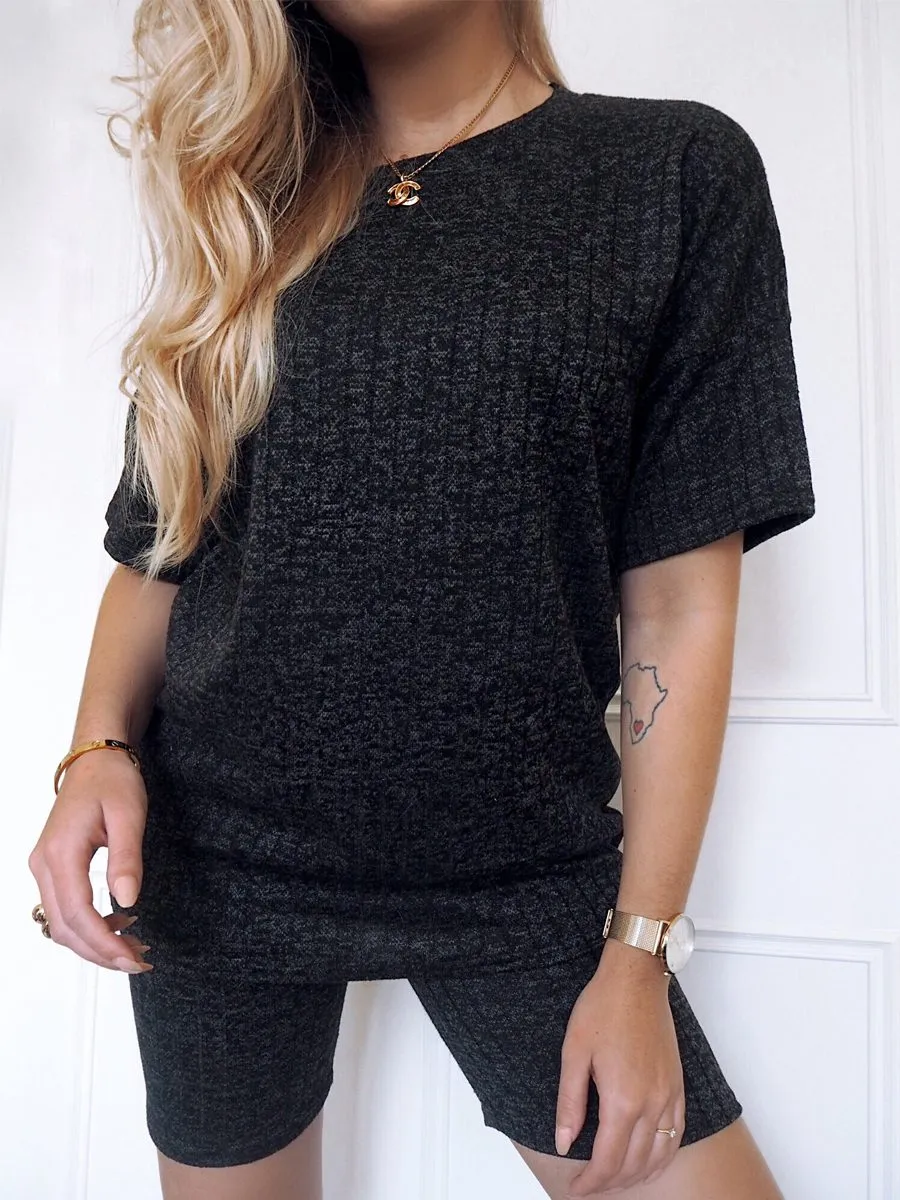 Melange Knit Oversized T-Shirt & Shorts Co-ord In Black sold by Vivichi