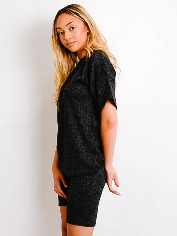 Melange Knit Oversized T-Shirt & Shorts Co-ord In Black sold by Vivichi product image thumbnail 5