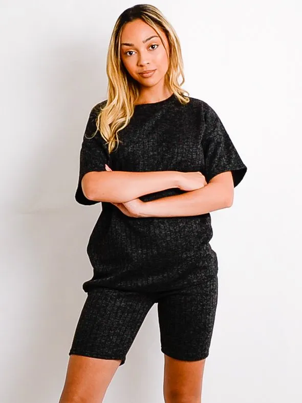 Melange Knit Oversized T-Shirt & Shorts Co-ord In Black sold by Vivichi product image thumbnail 2