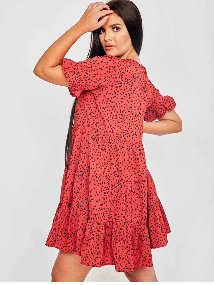 Cherina Spot Print Frill Tiered Smock Dress In Red sold by Vivichi product image thumbnail 2
