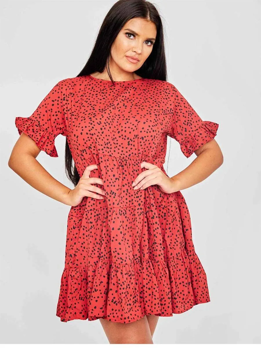 Cherina Spot Print Frill Tiered Smock Dress In Red sold by Vivichi product image thumbnail 3