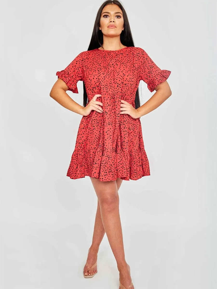 Cherina Spot Print Frill Tiered Smock Dress In Red sold by Vivichi