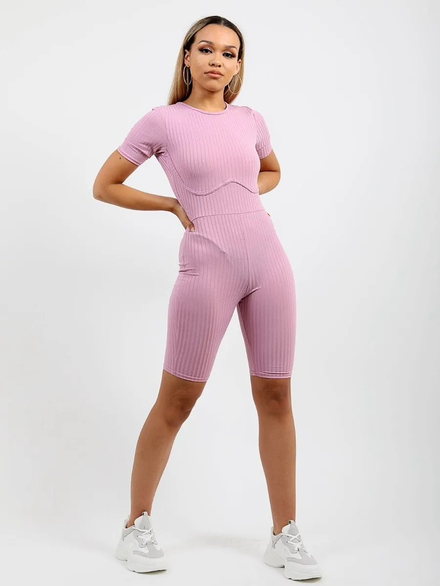 Aly Ribbed Corset Unitard Cycling Playsuit In Lilac sold by Vivichi