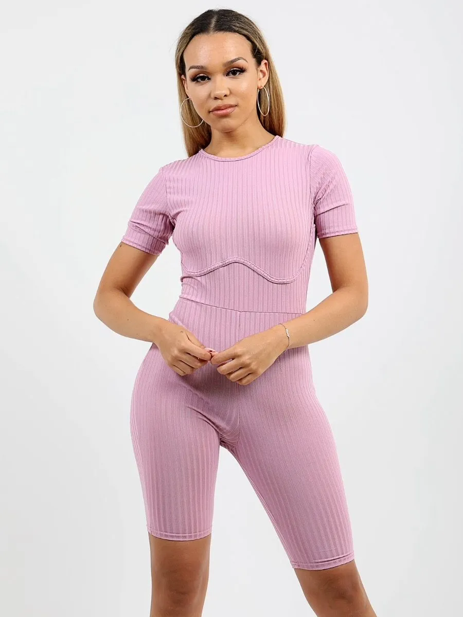 Aly Ribbed Corset Unitard Cycling Playsuit In Lilac sold by Vivichi product image thumbnail 3