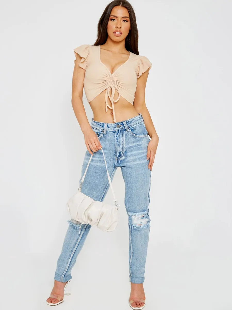 Zaira Cap Sleeve Ruched Front Ribbed Crop Top In Stone sold by Vivichi product image thumbnail 2