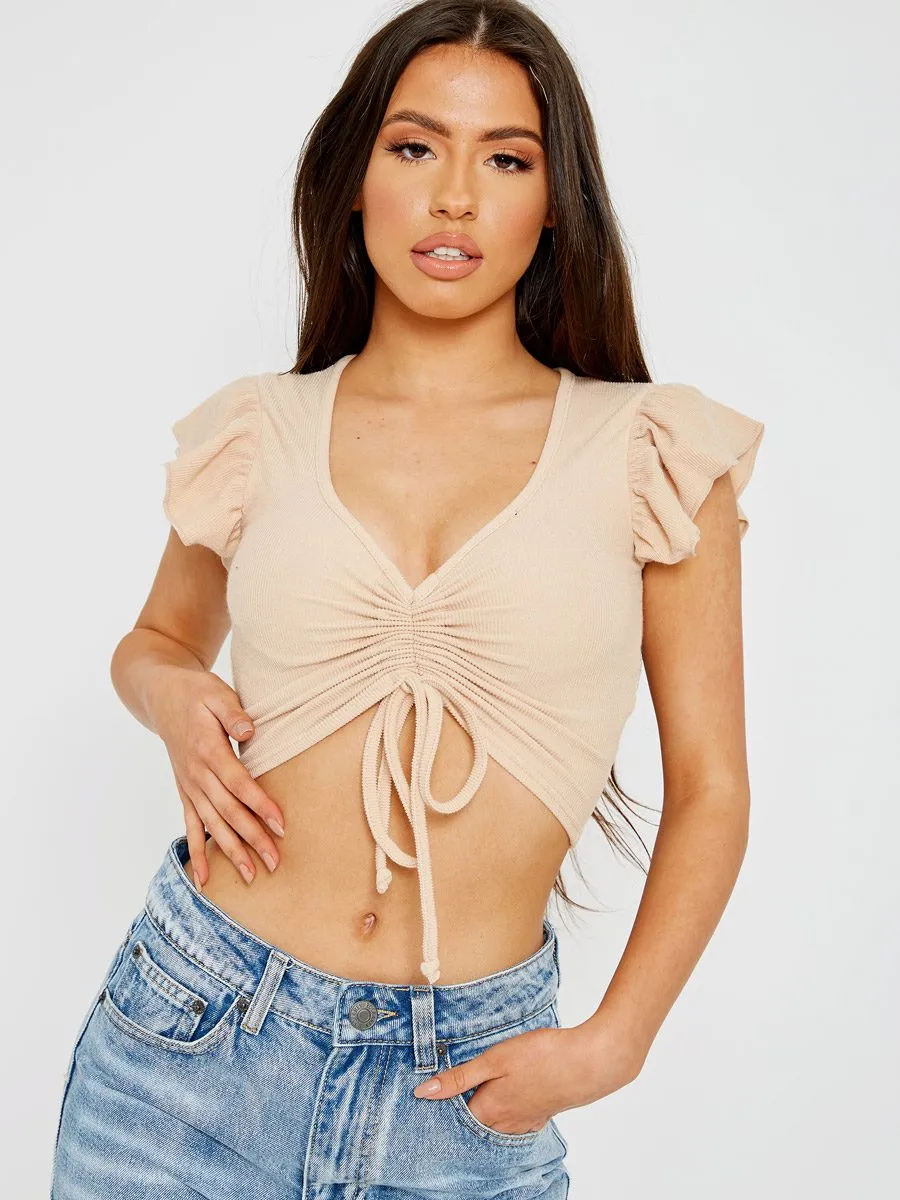 Zaira Cap Sleeve Ruched Front Ribbed Crop Top In Stone sold by Vivichi