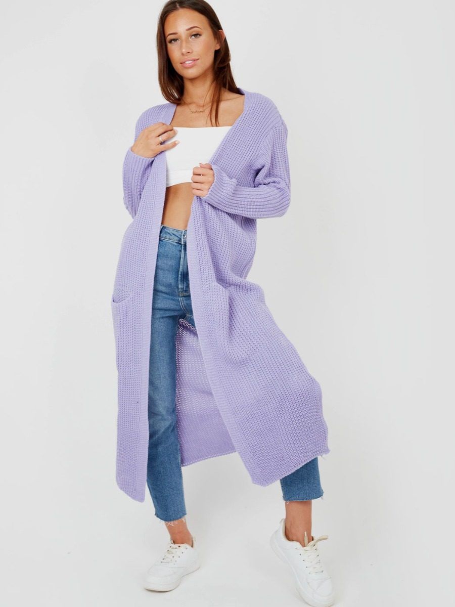 Leeka Longline Knitted Open Cardigan In Lilac sold by Vivichi