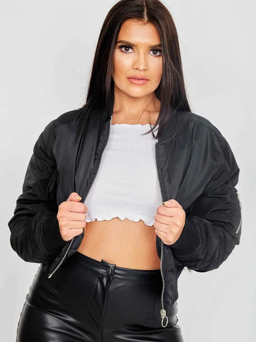Meg Pull-Ring Zip-Up Bomber Jacket In Black sold by Vivichi