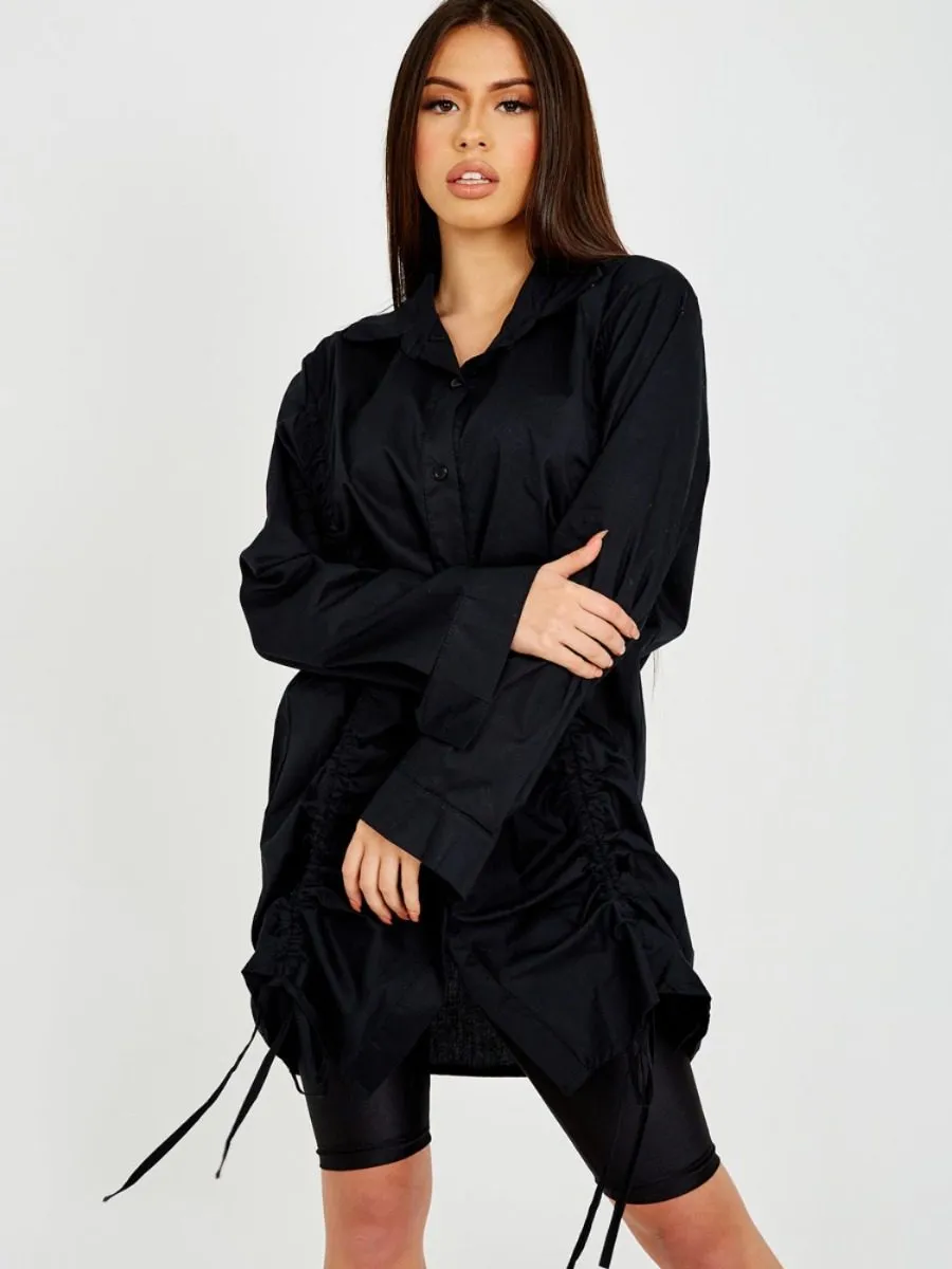Rachelle Drawstring Ruched Buttoned Shirt Dress In Black sold by Vivichi product image thumbnail 3
