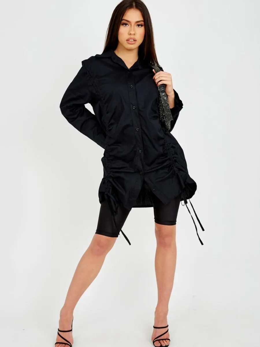 Rachelle Drawstring Ruched Buttoned Shirt Dress In Black sold by Vivichi product image thumbnail 4