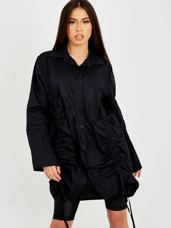 Rachelle Drawstring Ruched Buttoned Shirt Dress In Black sold by Vivichi