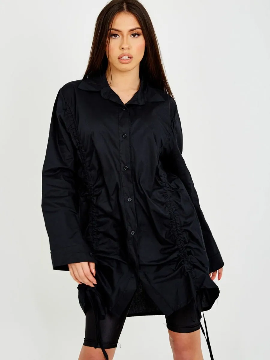Rachelle Drawstring Ruched Buttoned Shirt Dress In Black sold by Vivichi