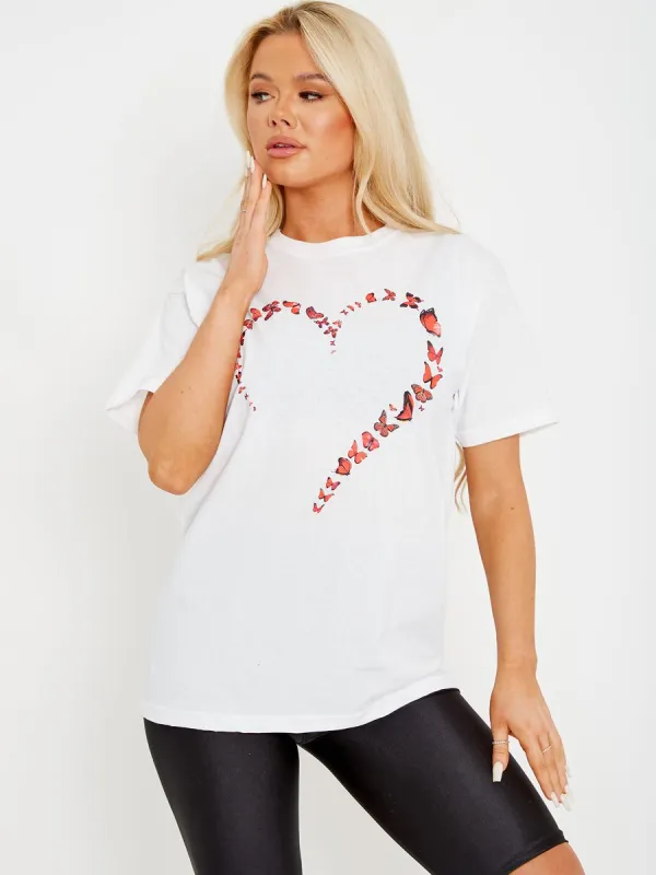 Claudia Butterfly Heart Graphic Printed T-Shirt In White made by Vivichi