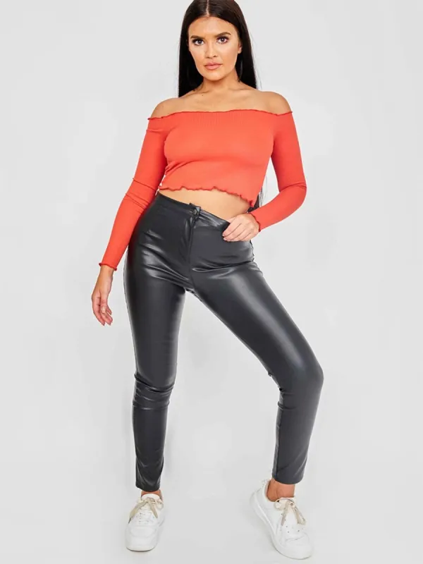 Janet Frill Detail Ribbed Bardot Crop Top In Red sold by Vivichi