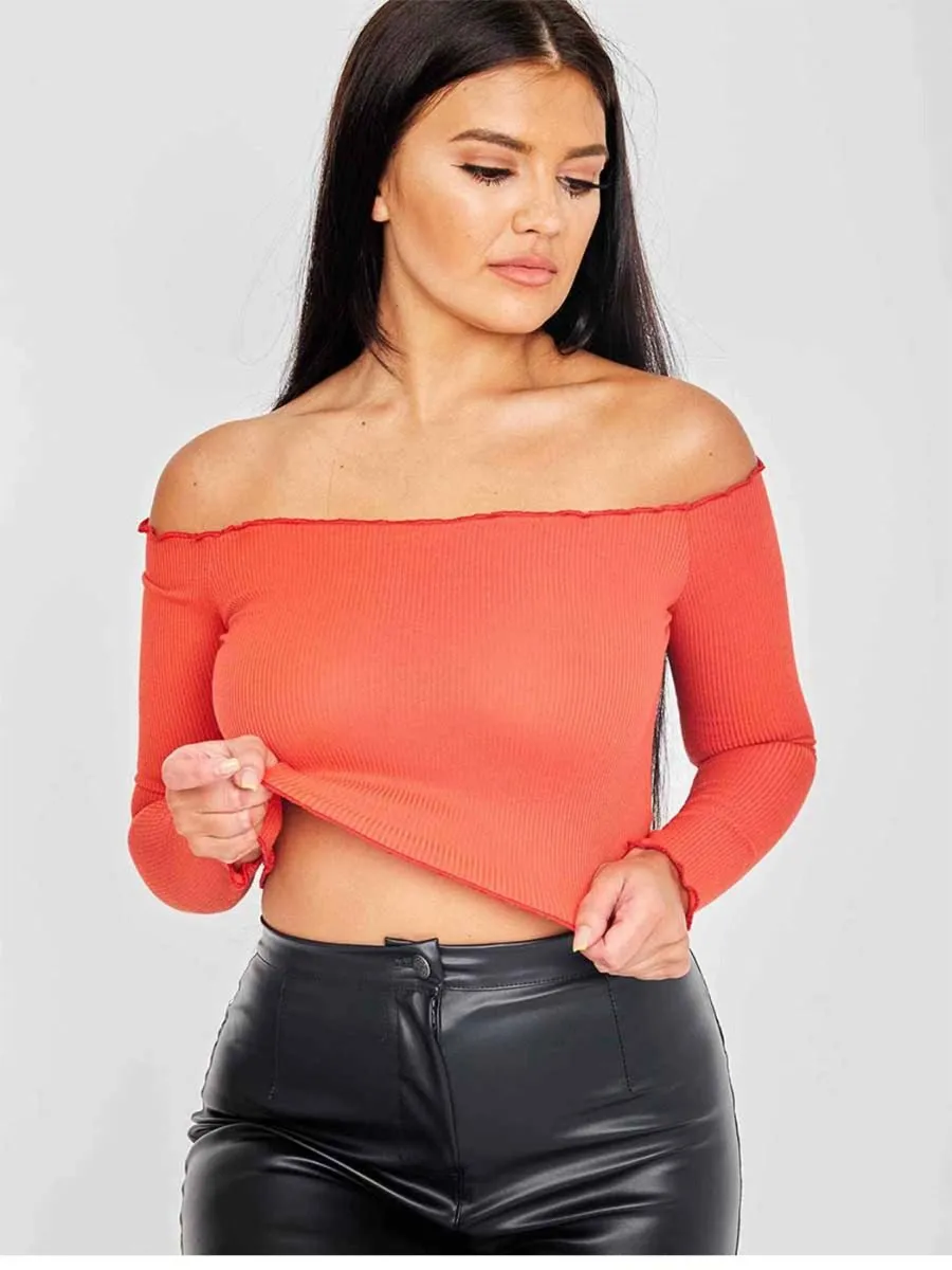 Janet Frill Detail Ribbed Bardot Crop Top In Red sold by Vivichi product image thumbnail 3