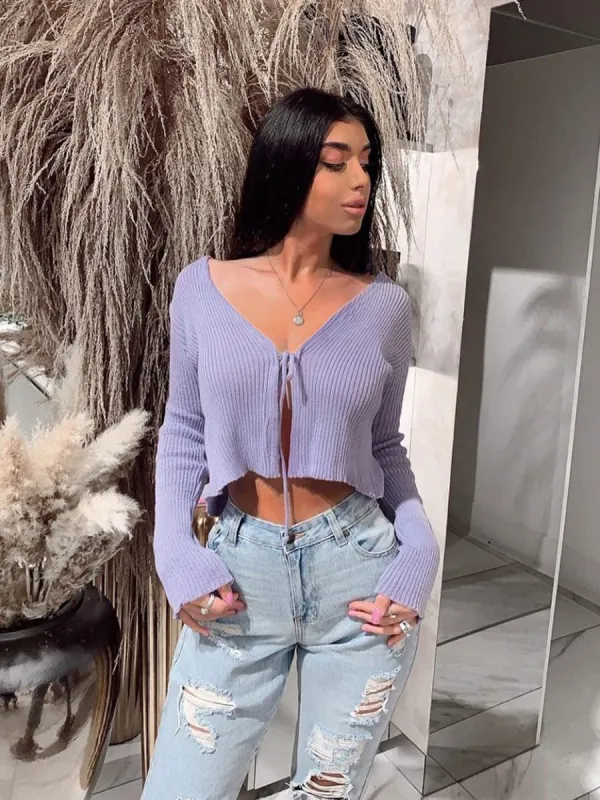 Anne Tie Front Knit Cardigan Top In Lilac sold by Vivichi