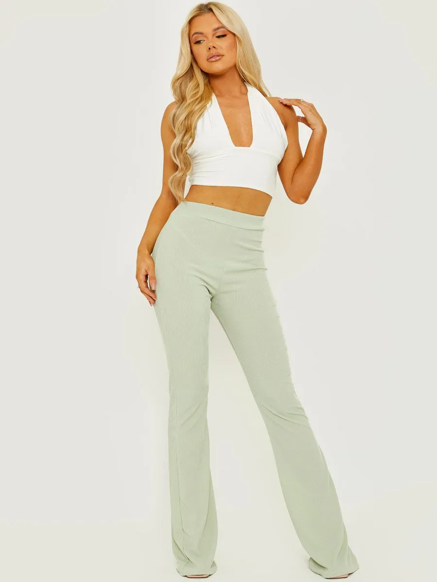 Camila Ribbed Flared Trousers In Green sold by Vivichi