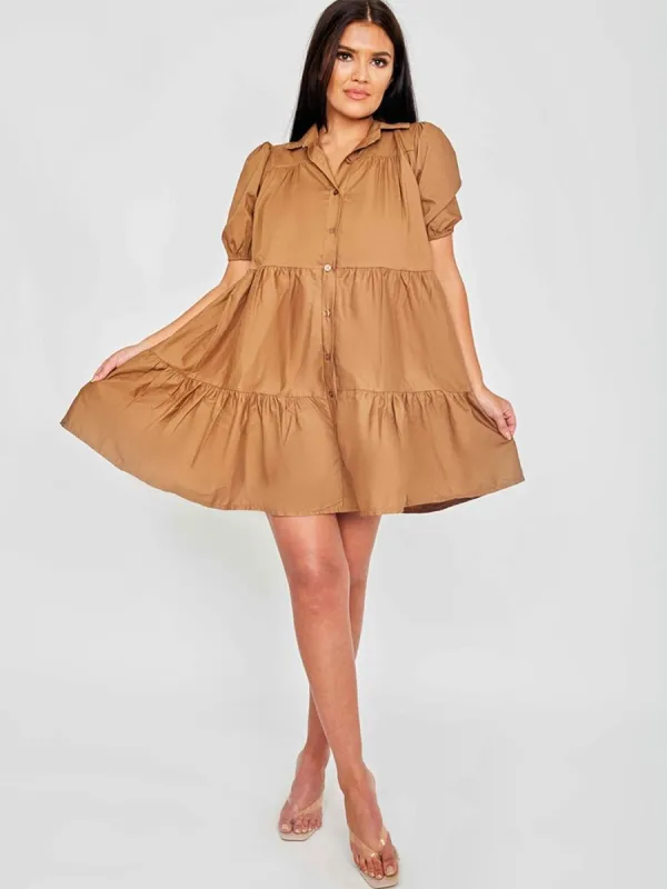 Mia Button-Front Tiered Smock Dress In Mocha sold by Vivichi