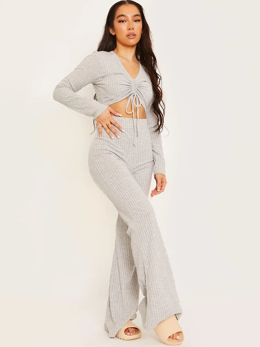 Demi Ribbed Ruched Crop Top & Flared Trouser Co-ord In Grey sold by Vivichi