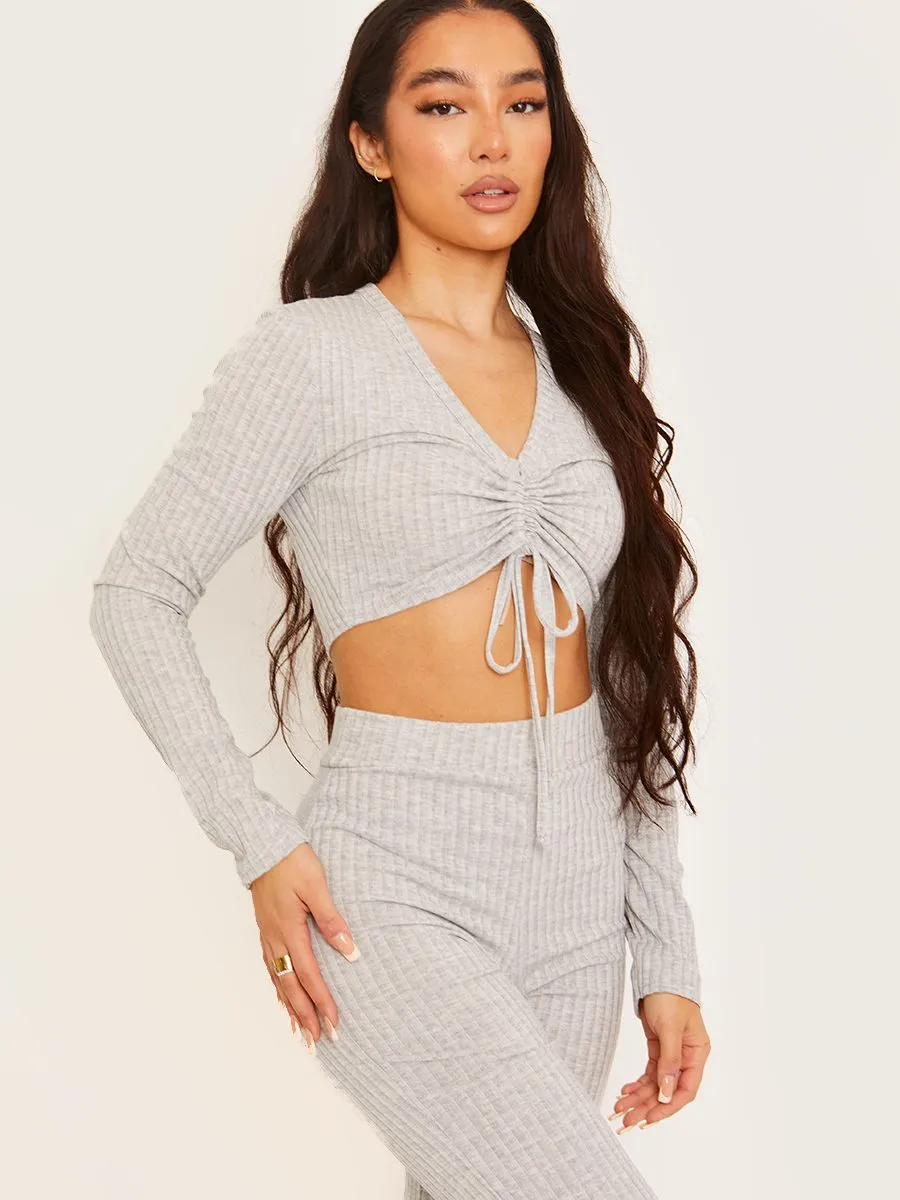 Demi Ribbed Ruched Crop Top & Flared Trouser Co-ord In Grey sold by Vivichi product image thumbnail 4