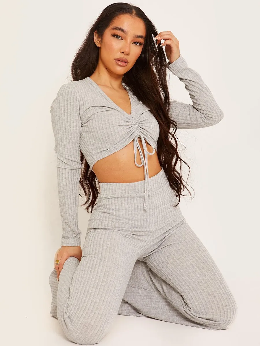 Demi Ribbed Ruched Crop Top & Flared Trouser Co-ord In Grey sold by Vivichi product image thumbnail 2