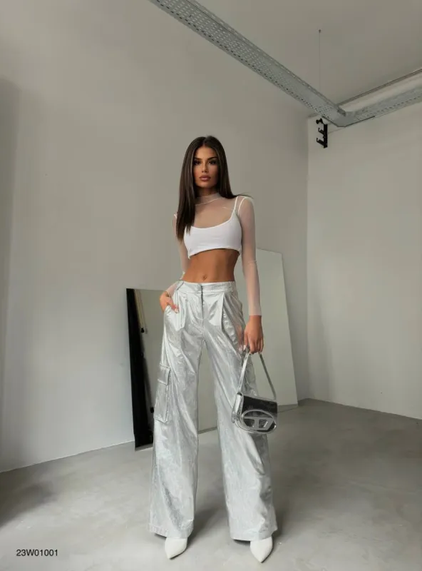 Aurora Cargo Pocket Metallic Trousers In Silver sold by Vivichi