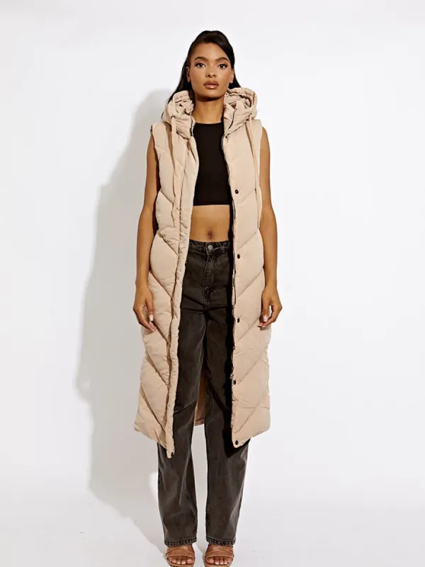 Jodie Turtle Neck Hooded Longline Padded Gilet In Stone sold by Vivichi