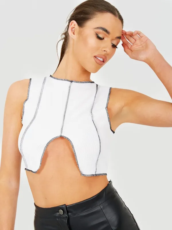 Tesa Contrast Stitch Detail Ribbed Crop Top In Cream sold by Vivichi