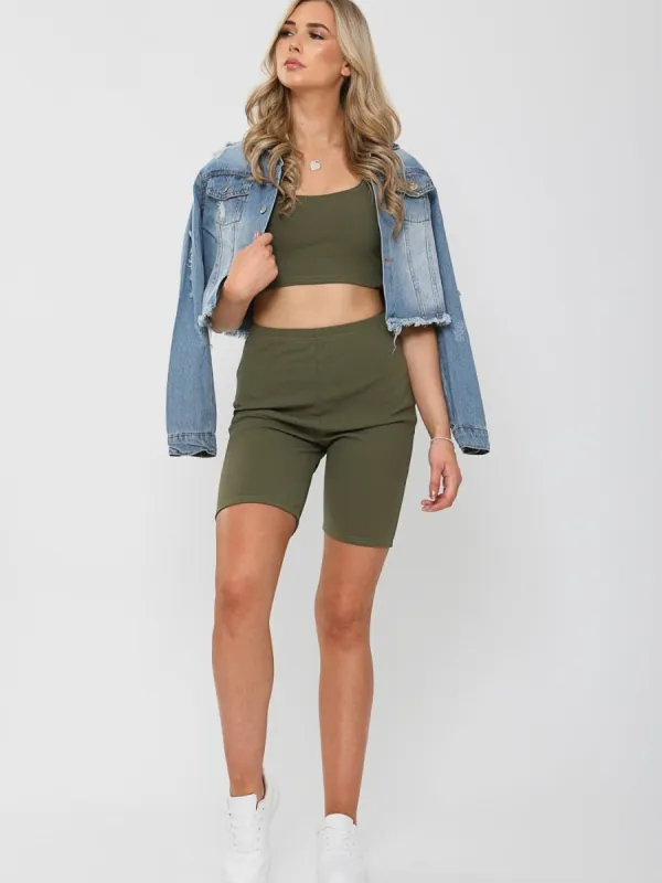 Liza Crop Top & Cycling Shorts Co-ord In Khaki sold by Vivichi