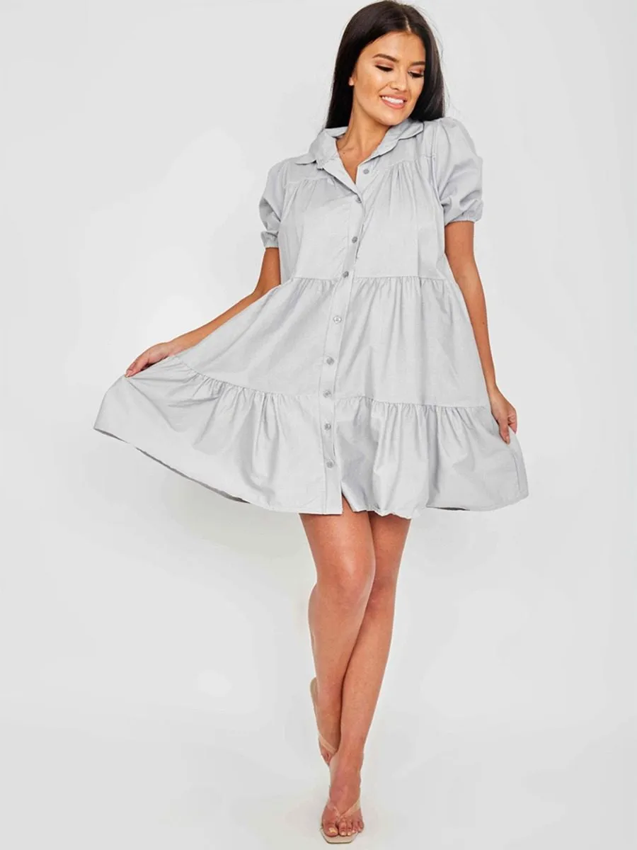 Mia Button-Front Tiered Smock Dress In Grey sold by Vivichi product image thumbnail 3
