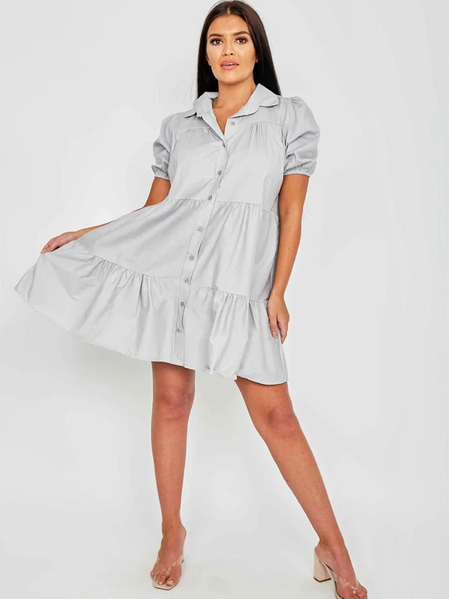 Mia Button-Front Tiered Smock Dress In Grey sold by Vivichi product image thumbnail 4