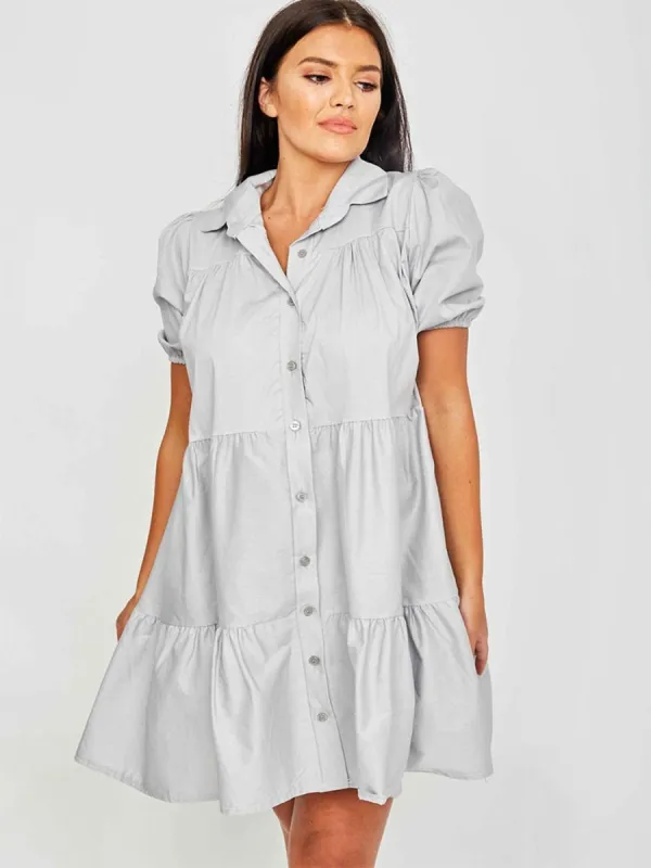 Mia Button-Front Tiered Smock Dress In Grey sold by Vivichi